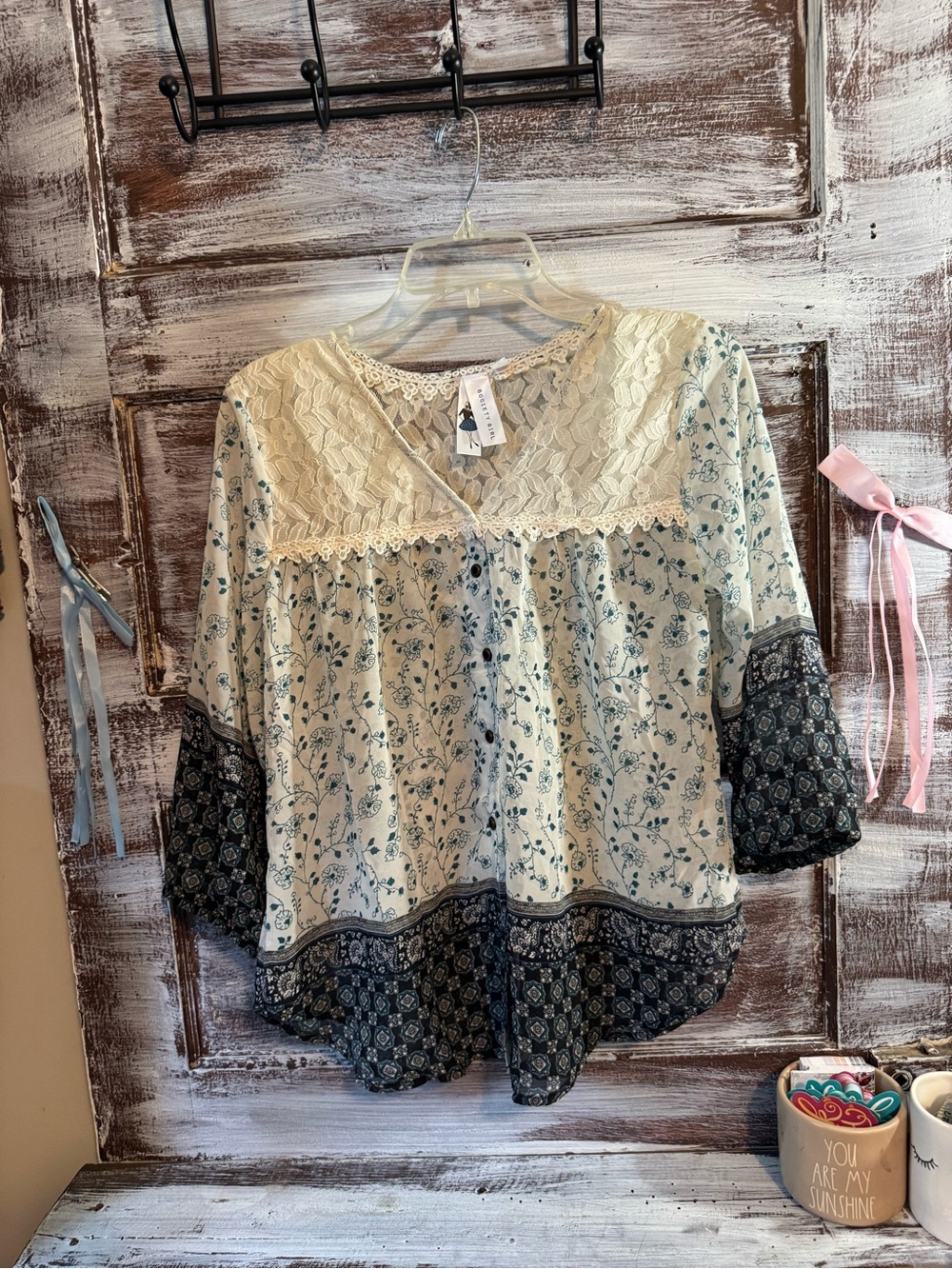 Lace Yoke Floral Peasant Tunic in Cream & Teal